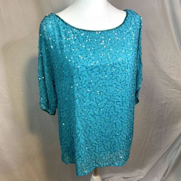 Draper's & Demons Alex Evenings Light Blue Sequin Tunic Top Womens Designer NWT - Picture 2 of 8